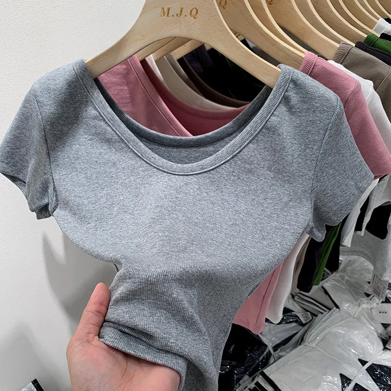 European V-Neck Shoulder T-Shirt Women's Short-Sleeved Summer New Slim And Skinny Short-Bottomed Blouse - Image 8