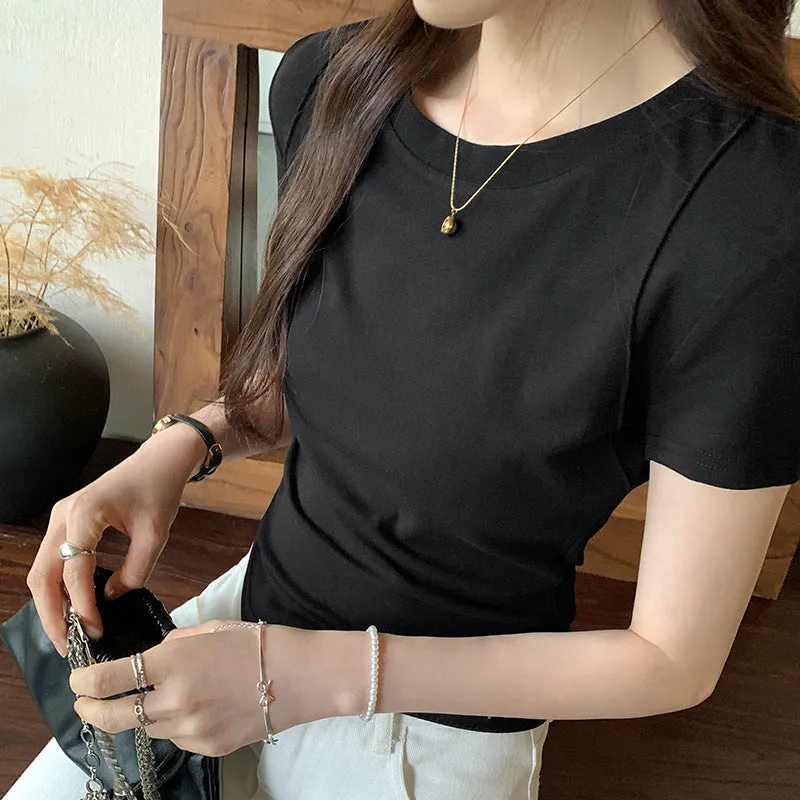 Solid Color Shoulder Short-Sleeved T-Shirt Women's Summer 2024 New Slim And Thin Fishbone Line Base Short Blouse - Image 3
