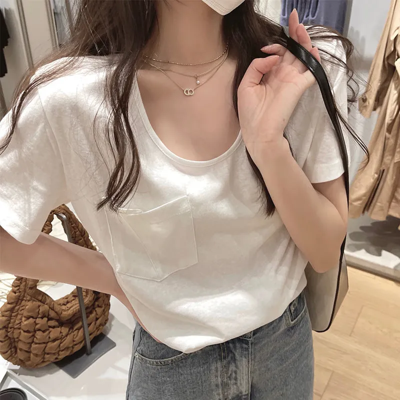 Sweet Cool Spicy Girls Korean Version Of The Shoulder Low-Collar Short-Sleeved T-Shirt Women's New Design Feel Tight Show Thin Bottomed Blouse - Image 2