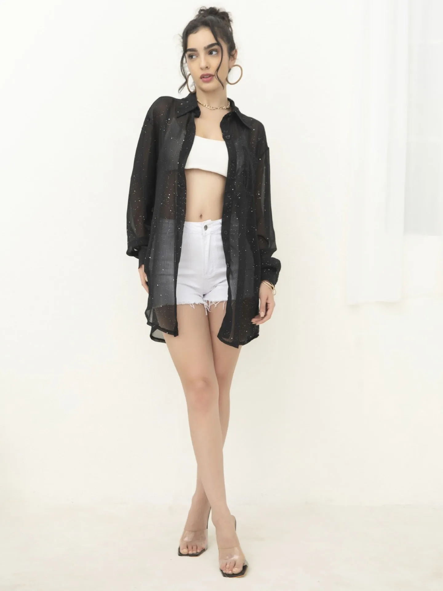 Znbbw Women's Wear Popular Fashion Long-Sleeved Thin Lapel Sequined Shirt Leisure Shirt - Image 5