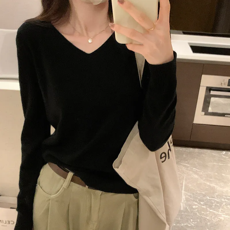 Znbbw V-Collar Solid Color Long-Sleeved Warm Bottomed Sweater For Women To Wear A New Loose Sweater In Autumn And Winter - Image 6