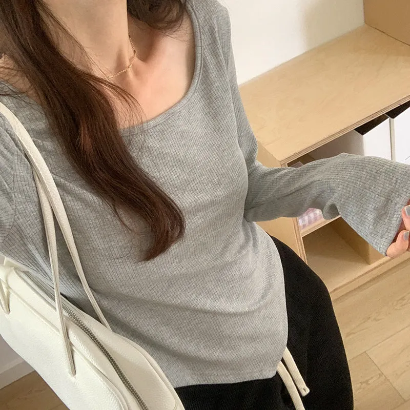 Znbbw Autumn Long-Sleeved T-Shirt Female Solid Color Leaking Clavicle Square Collar Positive Shoulder Design Irregular Bottomed Shirt Inside Jacket - Image 5
