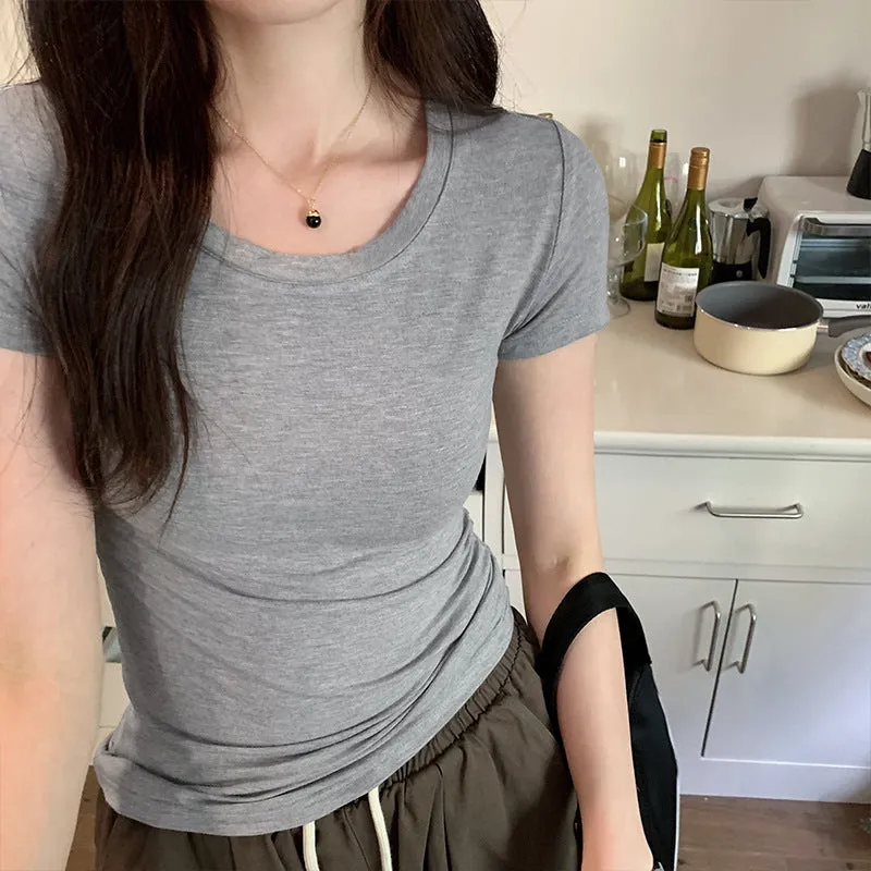 Pure Sexy U-Collar Shoulder Short-Sleeved T-Shirt Girls 2024 Summer New Spicy Girls Wear Slim European Blouses - Image 6