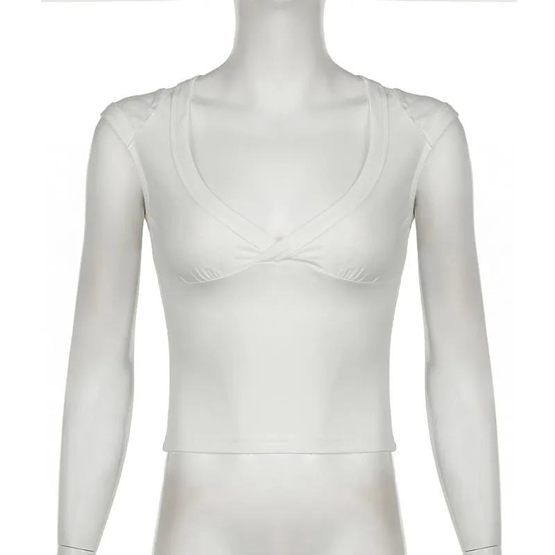 Spicy Girl Style Simple Solid Color Basic Sexy Low-Cut V-Neck Slim Flying Sleeve T-Shirt 2024 Spring / Summer New Style - Image 6