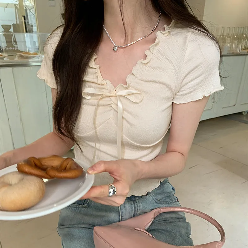 French Style V-Neck Wooden Ear Pleated Short-Sleeved T-Shirt A New Short-Style Foreign-Style Waist Blouse For Women In Summer - Image 7