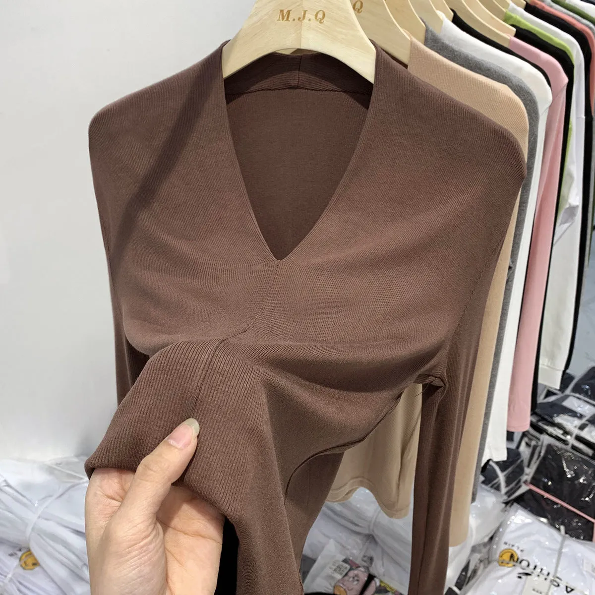 Znbbw Threaded Deep V Long-Sleeved T-Shirt Women's Spring And Autumn New Slim Bottom Shirt With Pure Sexy Solid Color Blouse