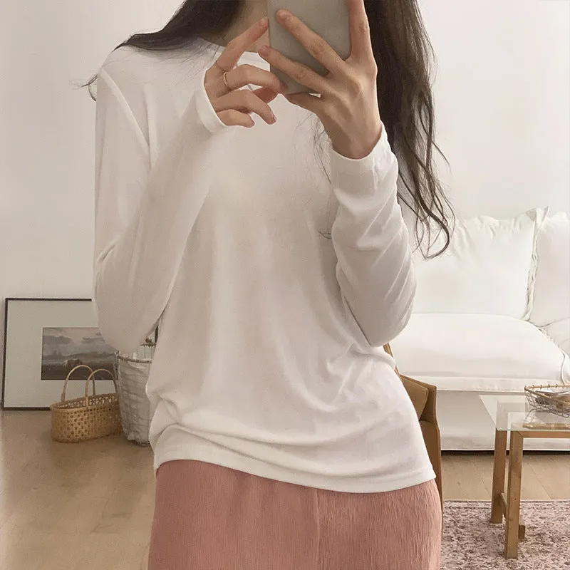 Znbbw Mask T-Shirt Women's Spring And Autumn New Style With White Basic Solid Color Slim Stretch Bottom Blouse - Image 9