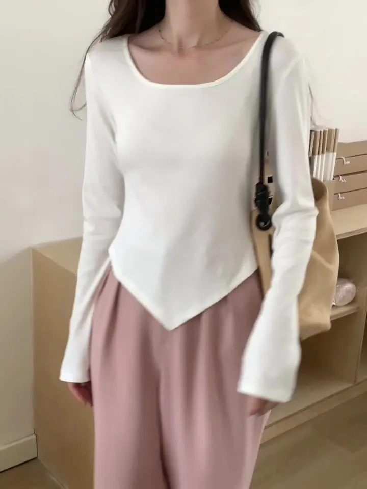 Znbbw Autumn Long-Sleeved T-Shirt Female Solid Color Leaking Clavicle Square Collar Positive Shoulder Design Irregular Bottomed Shirt Inside Jacket - Image 10