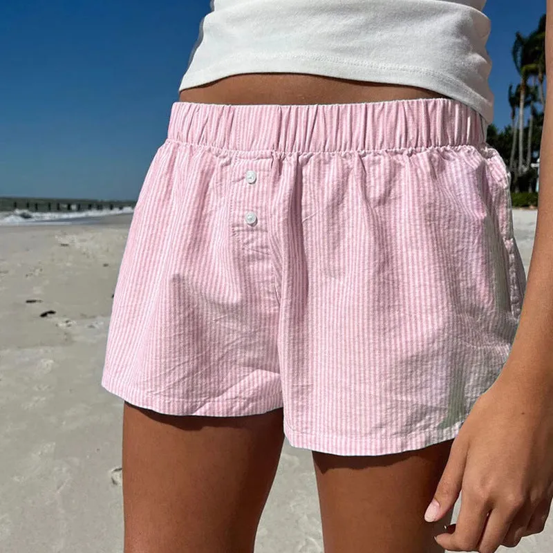 Holiday Style Simple Blue Striped Beach Shorts Loose Waist Sports Home Woven Casual Pants - Image 5
