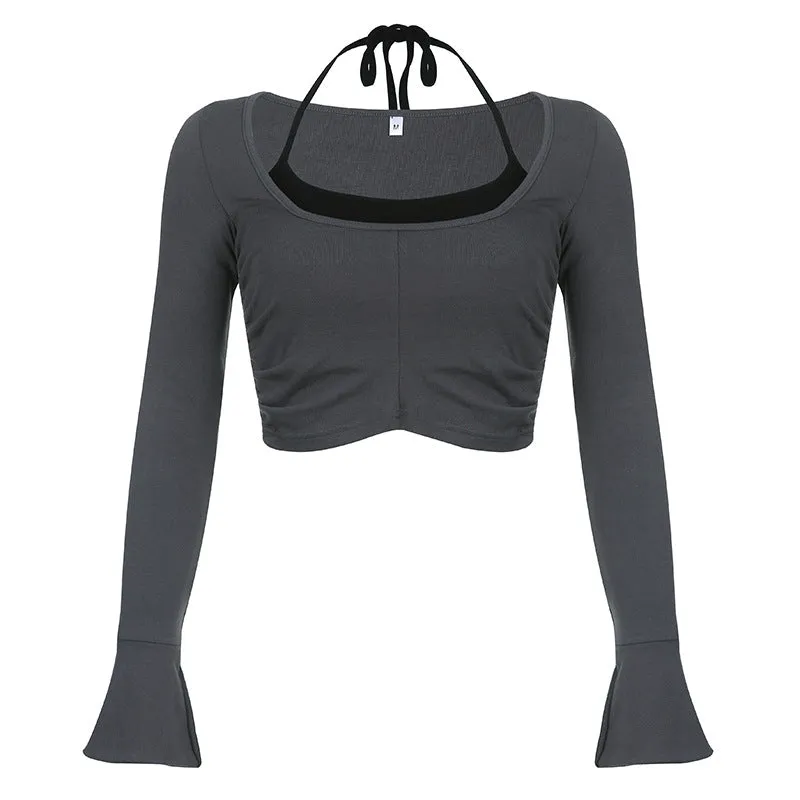 Fashionable Split Horn Sleeve Pull-Rope Blouse Two-Piece Set Of New Spicy Girls In Spring And Summer 2024 Slim And Slim Suit - Image 2