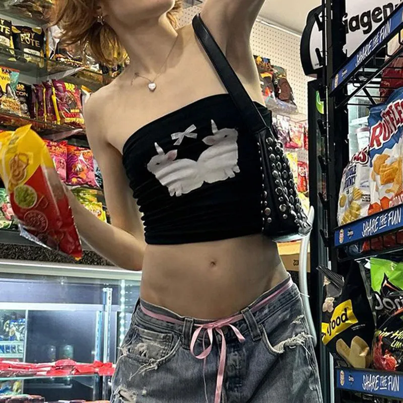 Sweet Girl Little White Rabbit Printed Bow Splicing Small Breast 2025 New Summer Jacket - Image 4