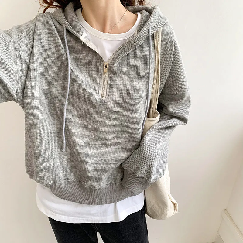 Short Style Waffle Hooded Sweater 2025 Early Spring New Style Loose Design Niche Jacket Women's Spring And Autumn - Image 3