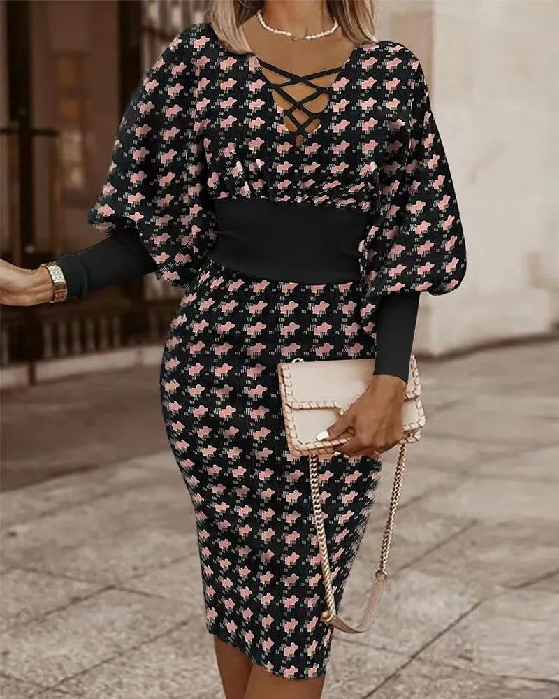 Znbbw Independent Station Fashionable Fashion Printed Long-Sleeved Dress Women's Spot