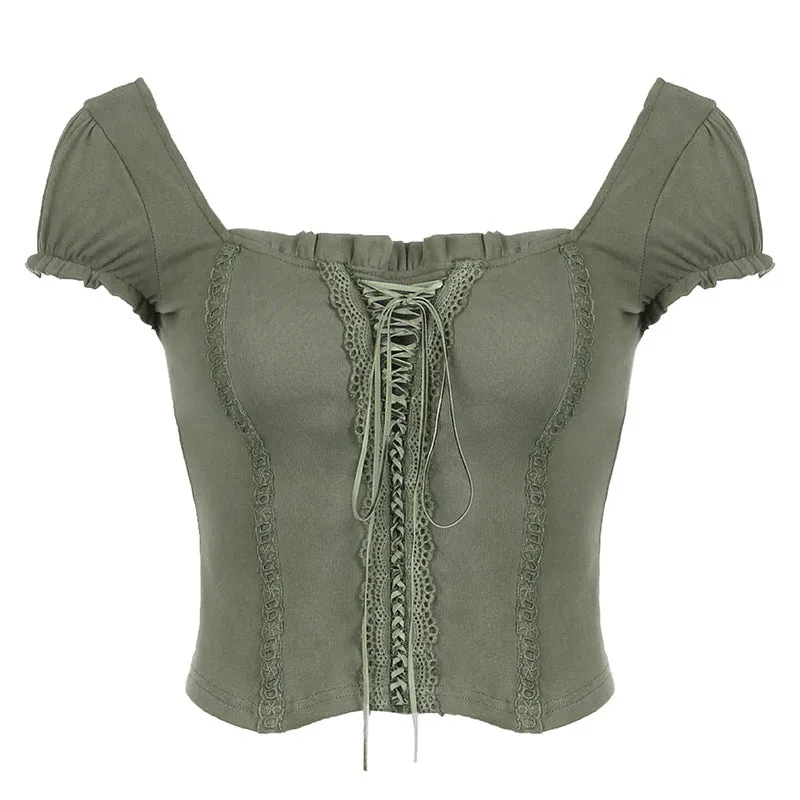 2024Ins Early Summer New Square Collar Slim To Show Thin Split Line Fashion Tie Vintage Short-Sleeved T-Shirt Woman