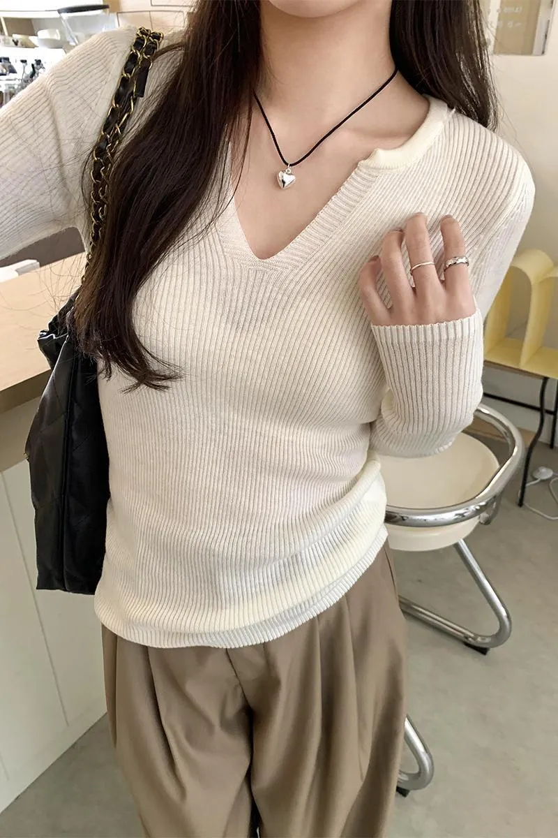 White V-Neck Knitted Long-Sleeved T-Shirt Women's New Spring And Summer Style Slim And Thin Bottomed Shirt With A Shoulder Blouse - Image 10