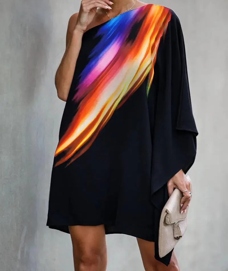 Znbbw Independent Station Spring And Summer New Popular Style Positioning Printing Gradual Discoloration One-Shoulder Casual Dress
