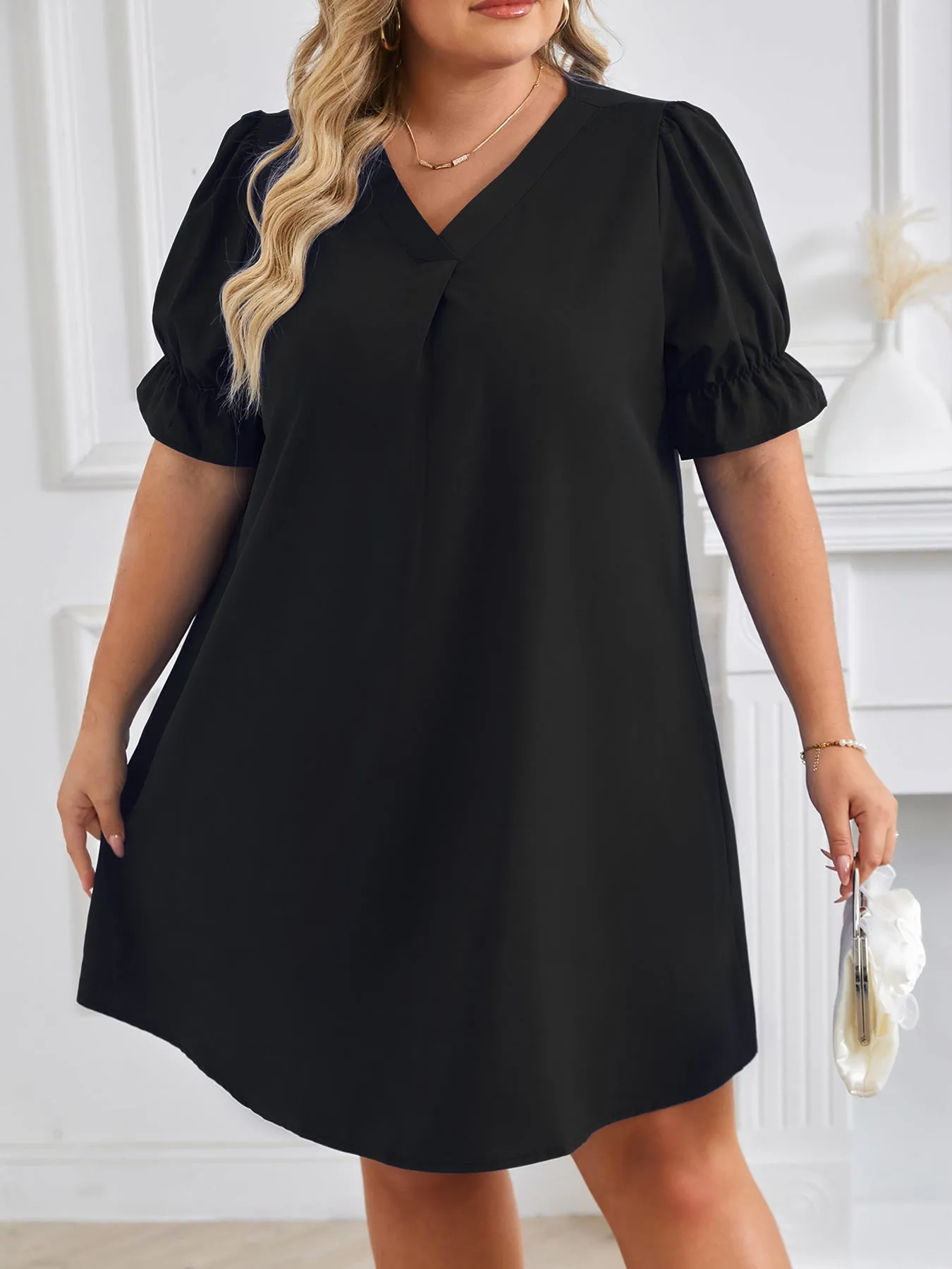 Znbbw Independent Station Spring And Summer New V-Collar Short-Sleeved Solid Color Large-Size Dress