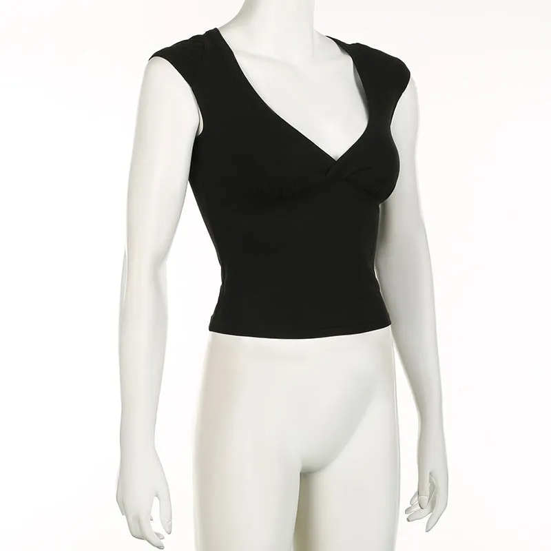 Spicy Girl Style Simple Solid Color Basic Sexy Low-Cut V-Neck Slim Flying Sleeve T-Shirt 2024 Spring / Summer New Style - Image 4