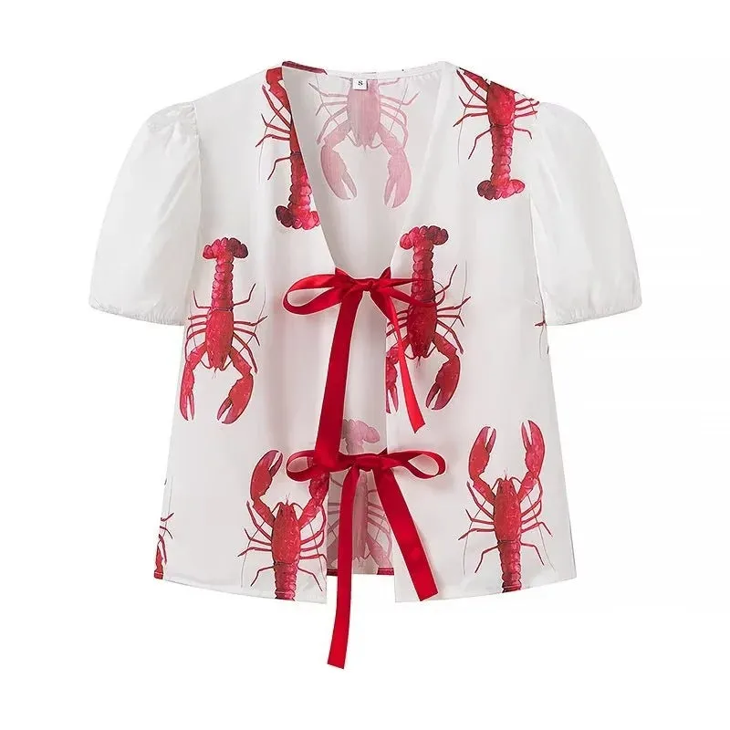 Znbbw Women's New Style Lobster Print Lace-Up Short-Sleeved Shirt + Lobster Print Leisure Trousers Set - Image 6