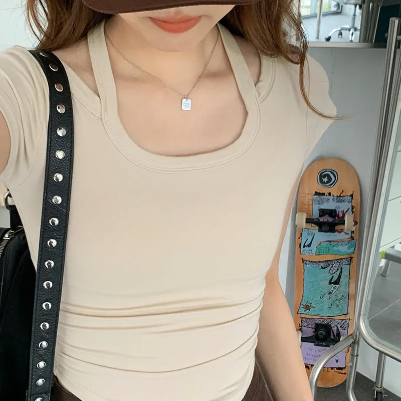 Pure Desire Hot Girls Design Sense To Hang Neck U-Collar Short-Sleeved T-Shirt Summer New Style Waist Shows Slim All Kinds Of Short Style Blouse Trend - Image 3