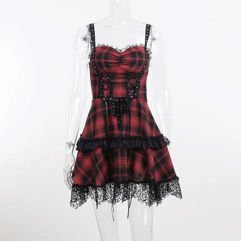 Znbbw Dark Wind Summer New Gothic Plaid Style Girdle Waist-Deep V Suspender Dress Woman