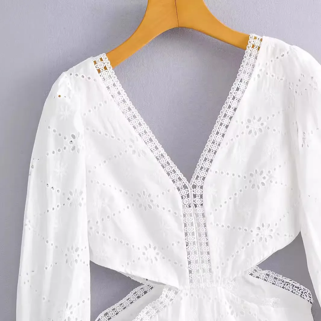 Znbbw And Winter New V-Collar Lace Waist Open Dress Embroidered Hollowed-Out Sexy Skirt - Image 4