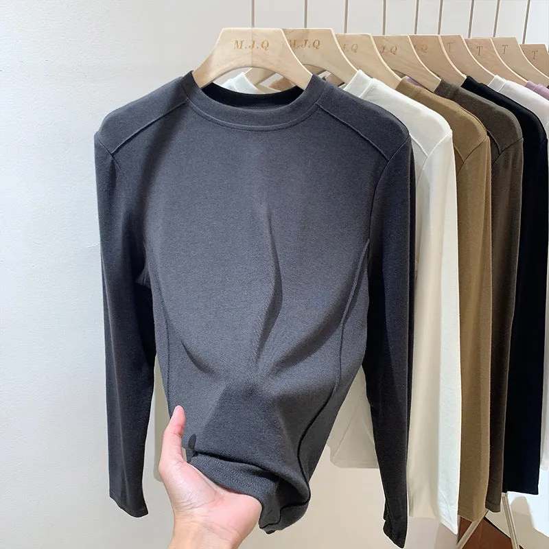 European Designer Round-Necked Long-Sleeved T-Shirt Women Slim In Autumn And Winter 2025 Look Thin With A Bottomed Blouse - Image 7