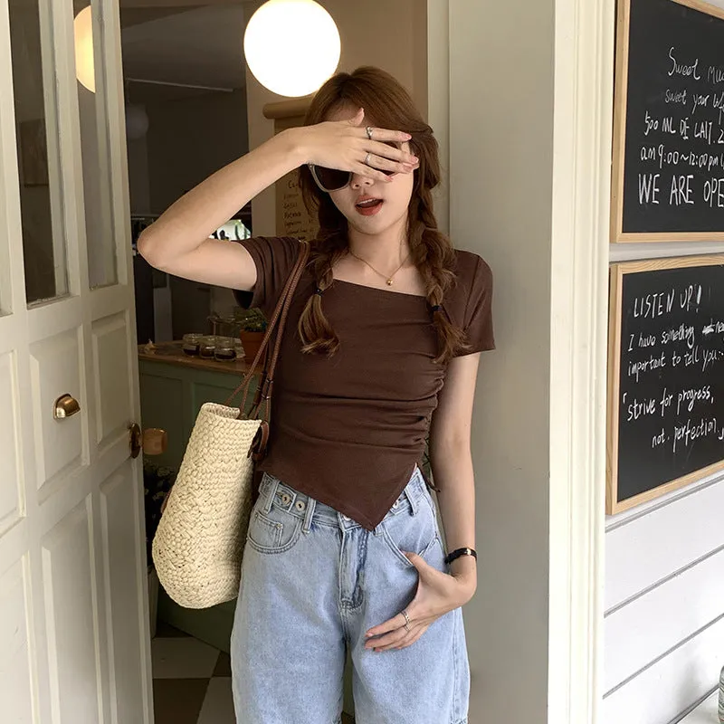 Shoulder Women's T-Shirt Shows A Sense Of Thin Short-Sleeved Design Minority Pleated Irregular Slimming Blouse Square Collar Clavicle T-Shirt - Image 4