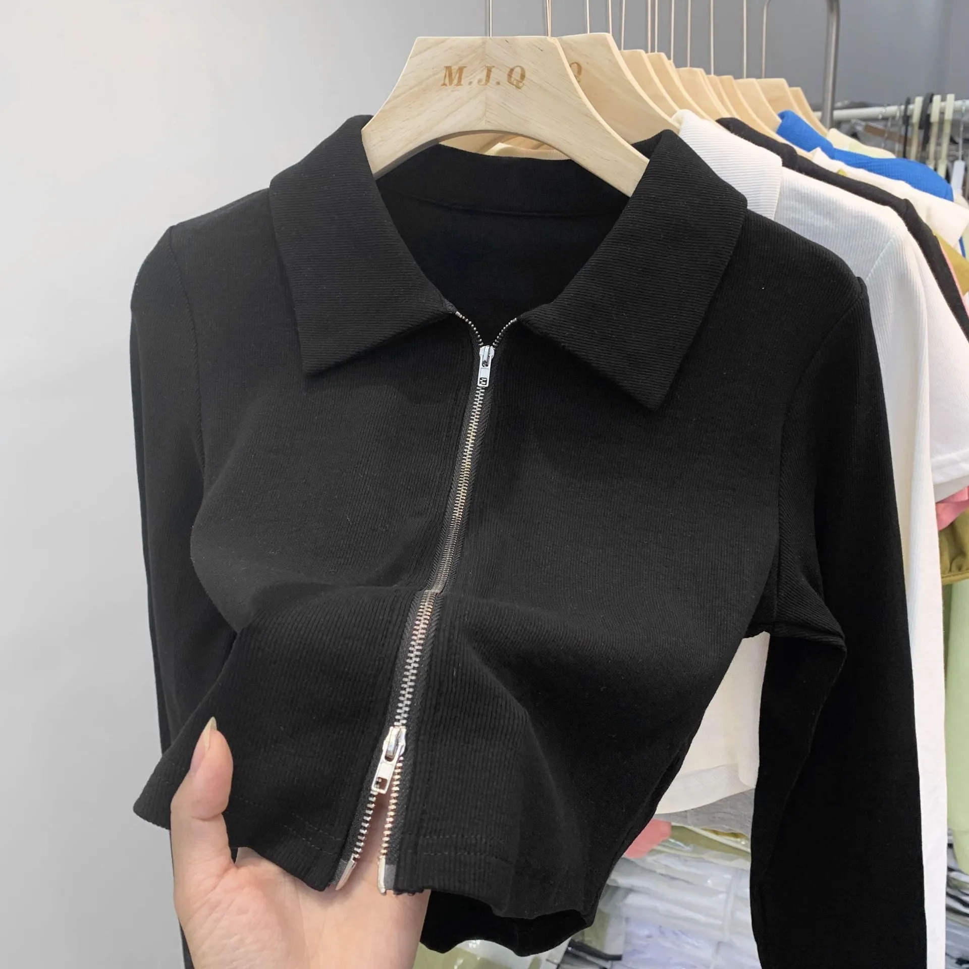 European Design Sense Niche Double Zipper Polo Collar Jacket Women's Early Autumn New Threaded Short Top Knitted Cardigan - Image 5