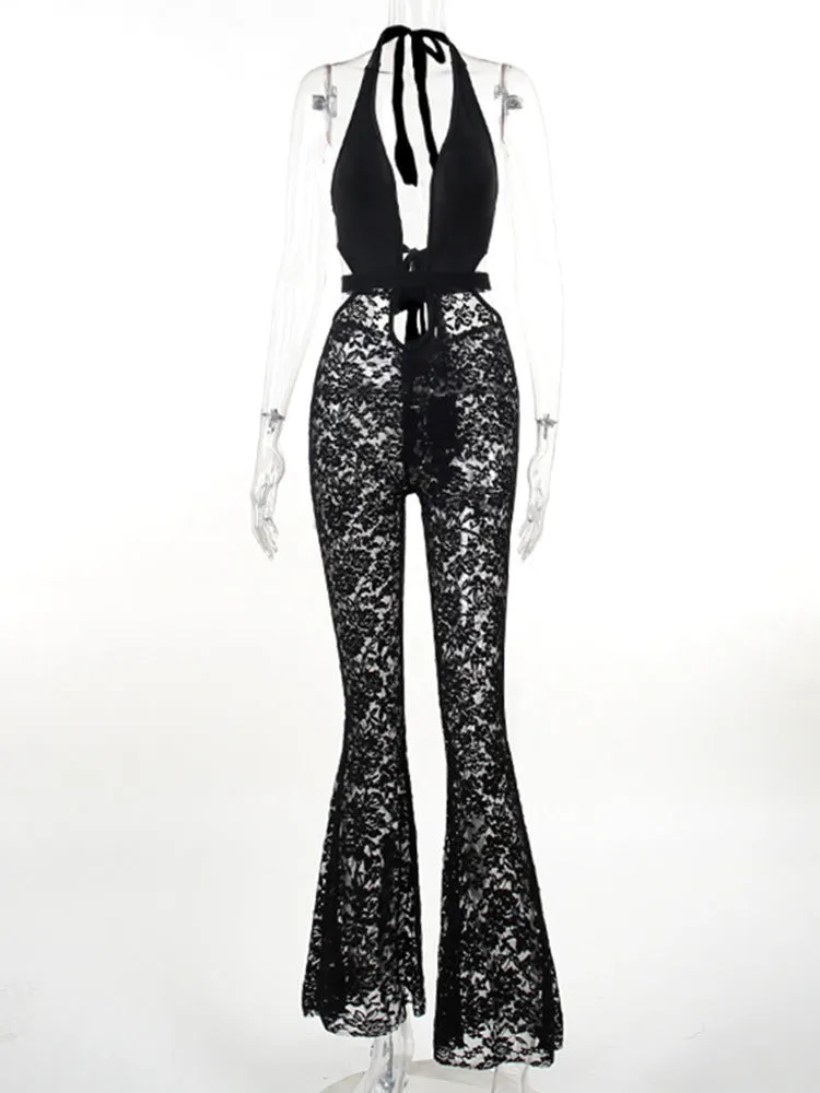 Znbbw Summer 2024 New Fashionable Spicy Girls Slim And Hollow Deep V Lace Trousers Sexy Jumpsuit Girls