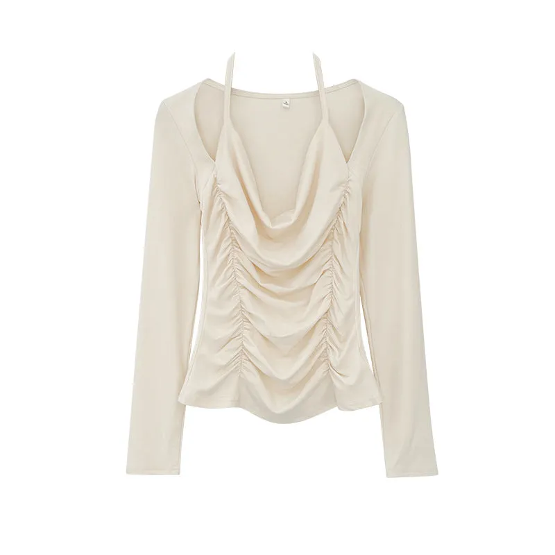 French Chic Shoulder-Exposed Shoulder Collar Long-Sleeved T-Shirt Women's Early Autumn New Pleated Thin Blouse - Image 4