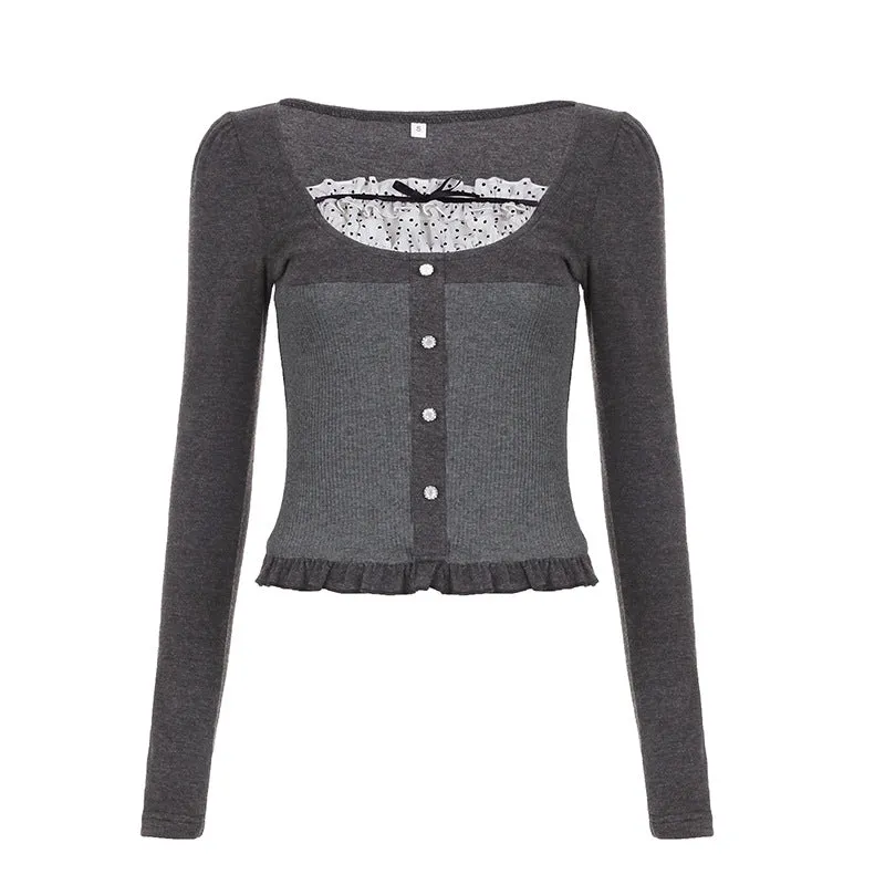 Girl Wind Holiday Two Wave Point Square Collar Spliced Button Blouse Girl 2024 Collision Color Small Bow Knot Wooden Ear T-Shirt