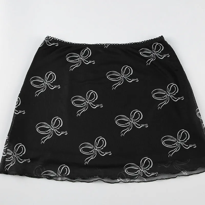 Sexy Spice Girl Bowknot Printed Net Skirt Half-Body Skirt In Summer Color Low-Waisted To Show Lean Net Gauze All-Round Buttocks Skirt