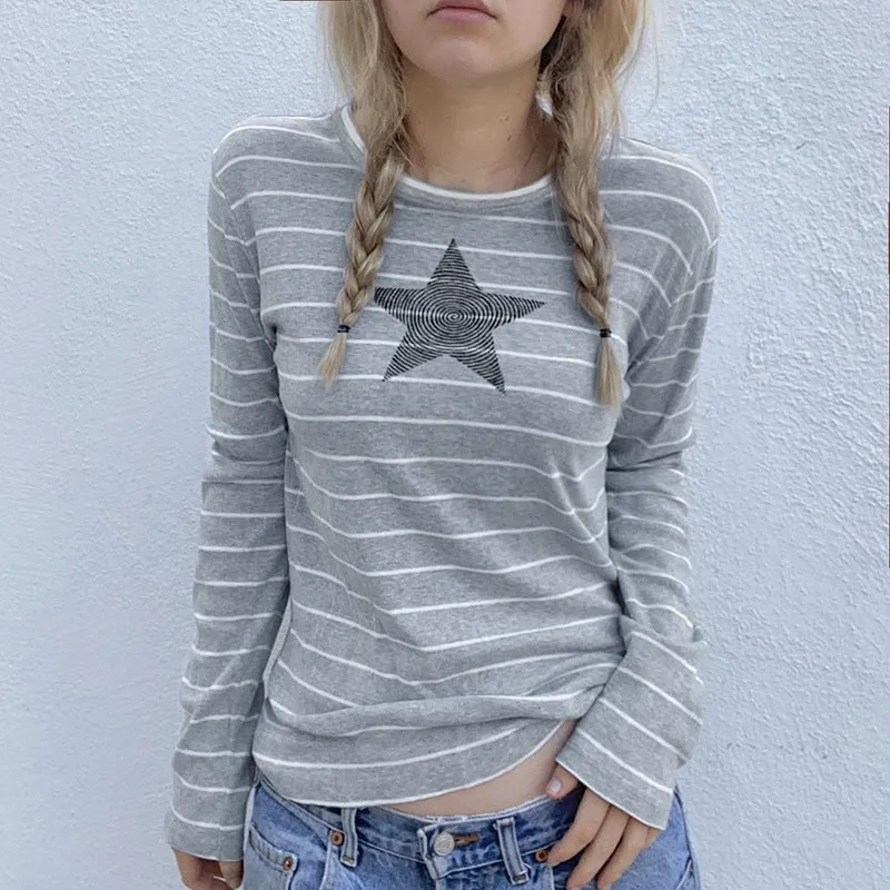 Street Striped Five-Pointed Star Leisure T-Shirt Women's Autumn Daily Simple Commuter Star Hit Color Long-Sleeved Blouse - Image 5