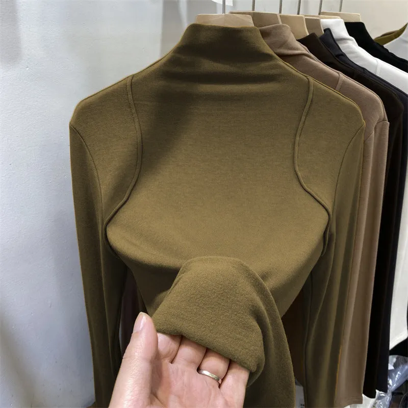 Znbbw Half-High-Necked Bottomed Shirt Lady's New Plush Long-Sleeved T-Shirt In Autumn And Winter - Image 2