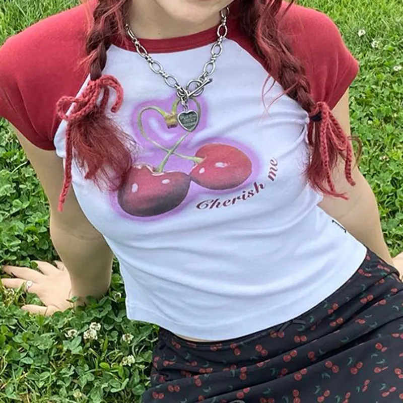 Sweet Cool Girl Cherry Print Hit Color Shoulder Insert Short-Sleeved Round-Neck T-Shirt 2024 Spring / Summer New Spice Girl Blouse - Image 5