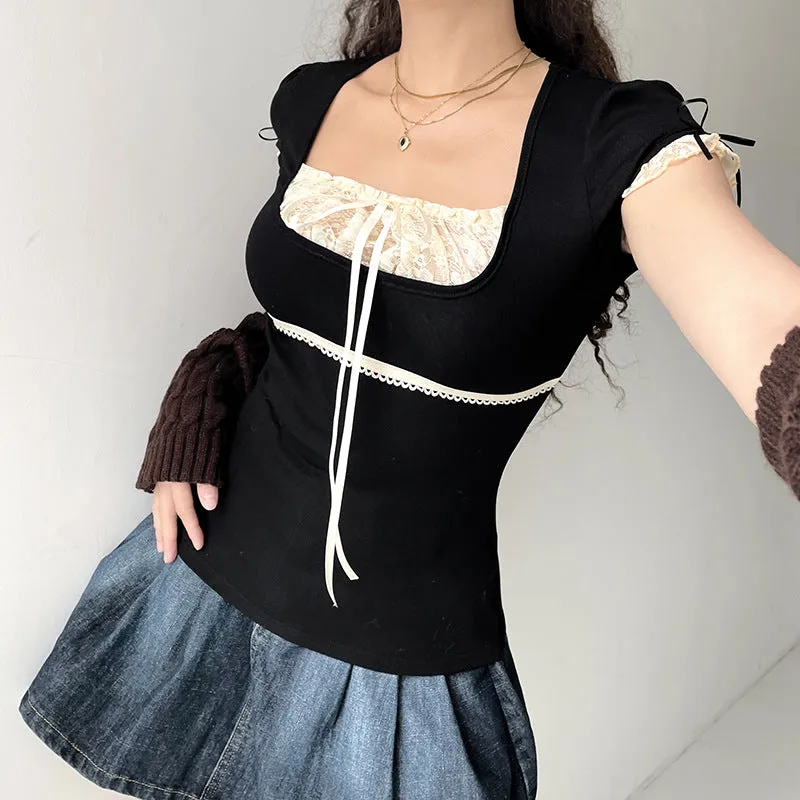 Street Fashion Winter Ebay Color Splicing Lace Square Tie Fresh And Sweet Blouse Girl - Image 4