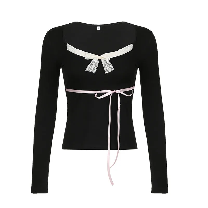 Pure Desire Girls Feel Lace, Bow, Stitching, Slim, Sweet And Spicy V-Collar Long-Sleeved T-Shirt 2024