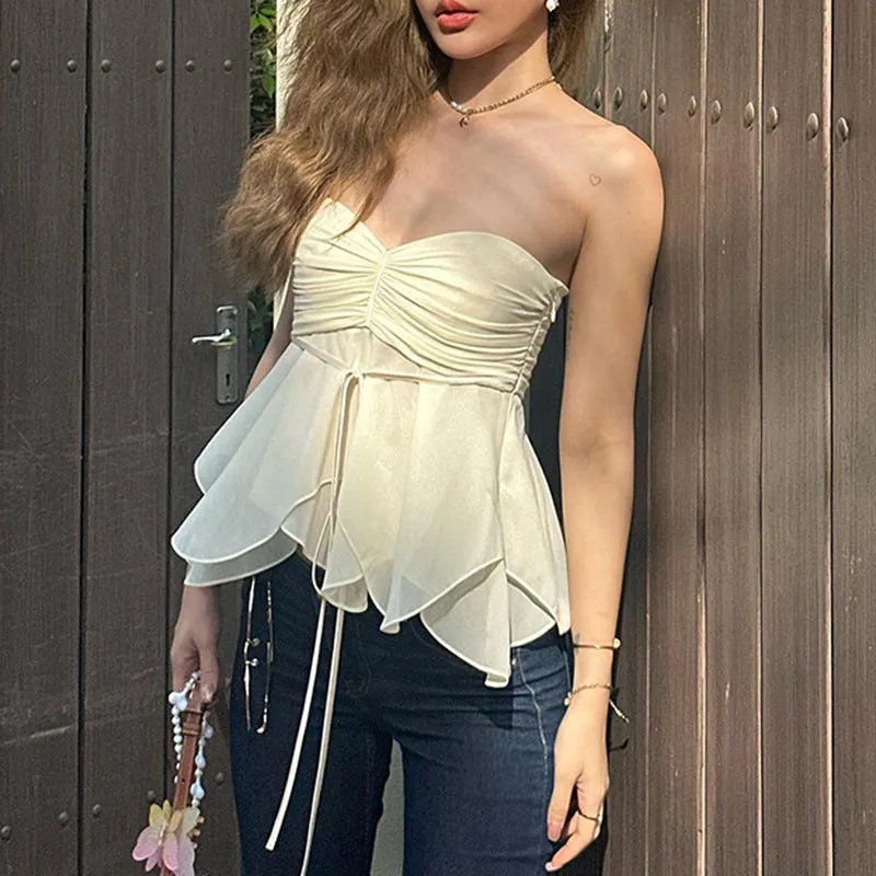 Solid Color Pleated Sexy Holiday Style Brassiere 2024 Side Invisible Zipper Hem Irregular Vest Girl - Image 5