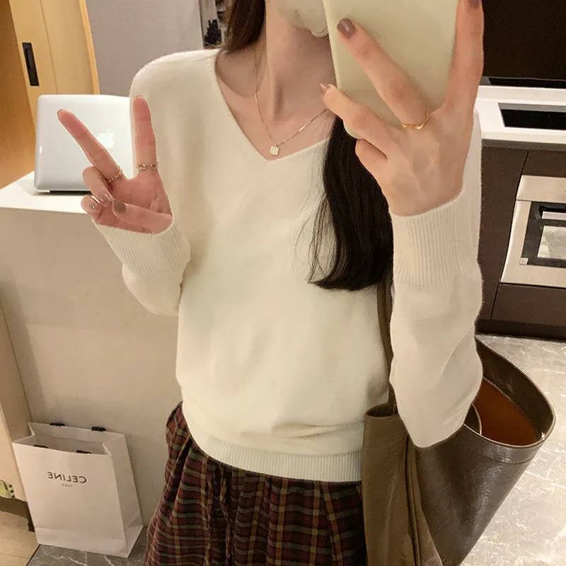 Znbbw V-Collar Solid Color Long-Sleeved Warm Bottomed Sweater For Women To Wear A New Loose Sweater In Autumn And Winter - Image 3