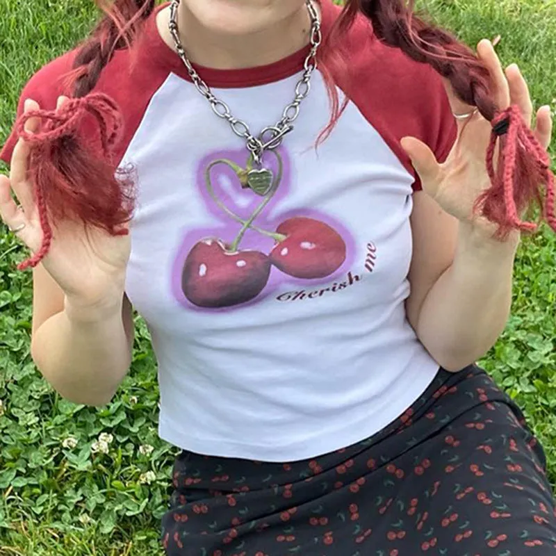 Sweet Cool Girl Cherry Print Hit Color Shoulder Insert Short-Sleeved Round-Neck T-Shirt 2024 Spring / Summer New Spice Girl Blouse - Image 3