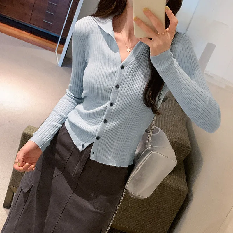 Znbbw Color Polo Neckline Knitted Sweater Women's New Autumn Sweater Slim And Slim Long-Sleeved Cardigan