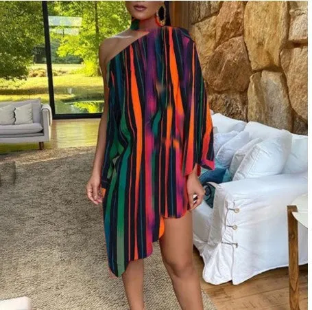 Znbbw New Fashionable Sexy Lotus Leaf Edge Printed One-Sleeve Open-Shoulder Dress