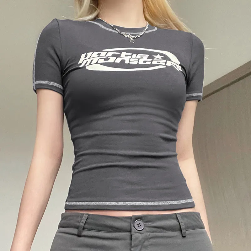 Ins Style Spring And Summer Women's Wear 2024Ins Hot Girls Street Celebrities Gray Function Wind Printed Short-Sleeved T-Shirt Women - Image 7