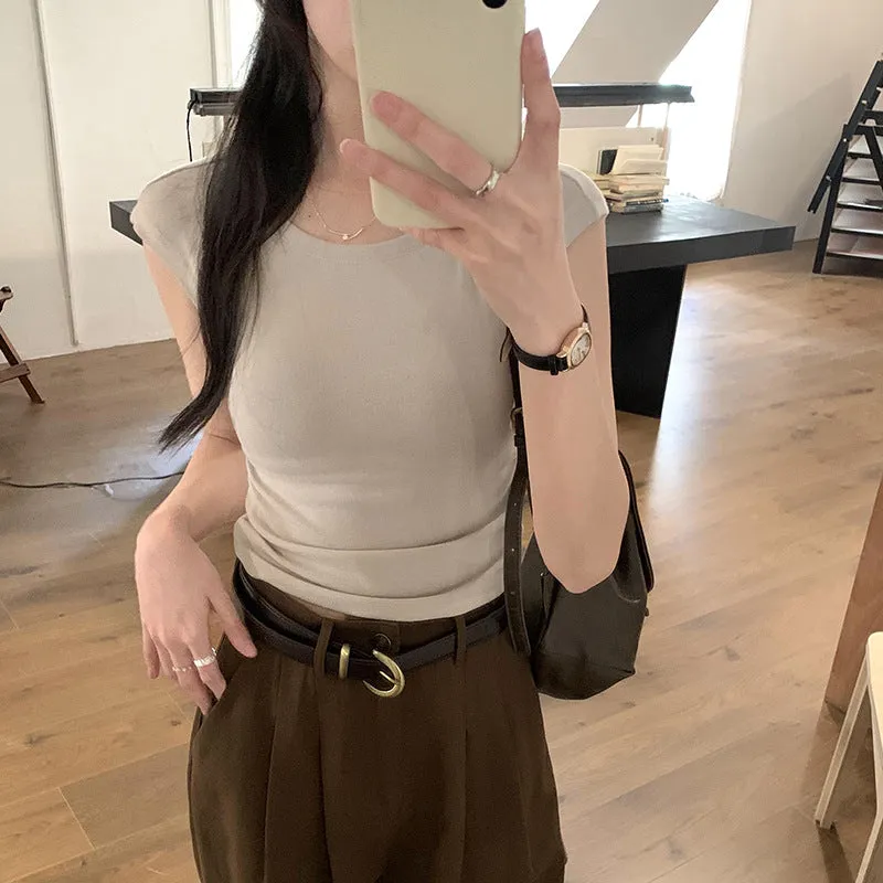 Korean Style Simple Shoulder Short-Sleeved T-Shirt Women's Summer Thin Style Design Feeling Solid Color Full-Fitting Spicy Girls Short-Style Blouse