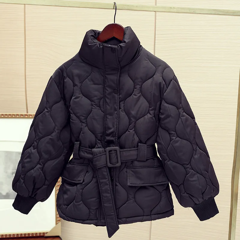 Chic Autumn And Winter French Gentle Standing Collar Wave Embossed Design With Waist Long Sleeve Padded Coat Female - Image 4
