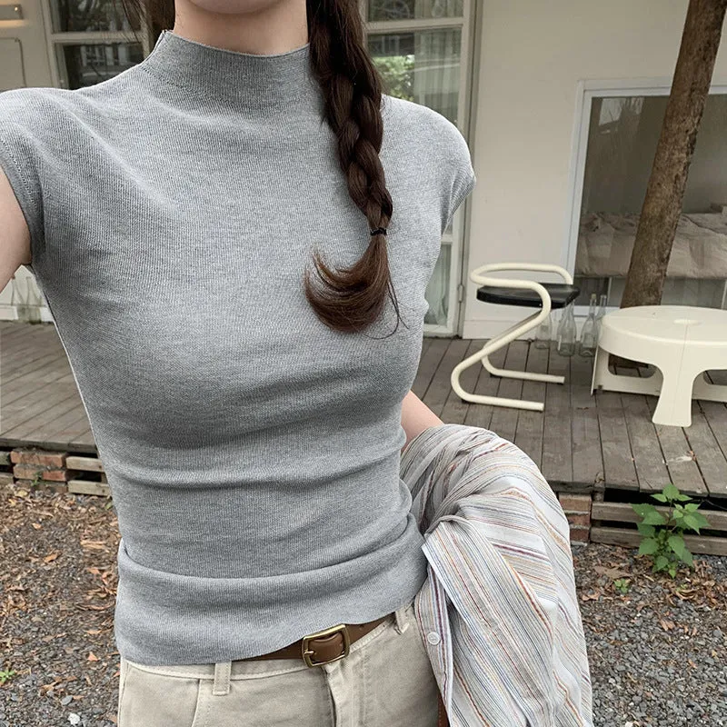 Black Style Round-Neck Knitted Short-Sleeved T-Shirt Women's Summer New Tight And Thin Undercoat