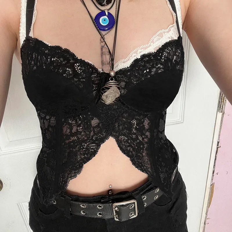 2024 Spring / Summer Sexy New Women's V-Collar Solid Color Wavy Edge Irregularly Forked Lace Vest - Image 5