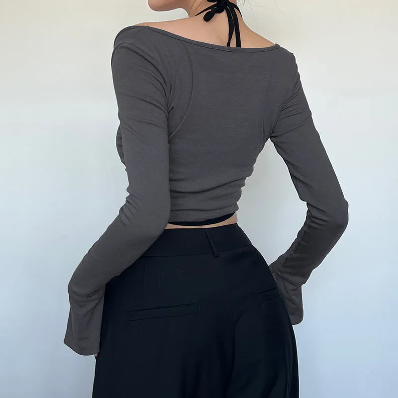 Fashionable Split Horn Sleeve Pull-Rope Blouse Two-Piece Set Of New Spicy Girls In Spring And Summer 2024 Slim And Slim Suit - Image 3