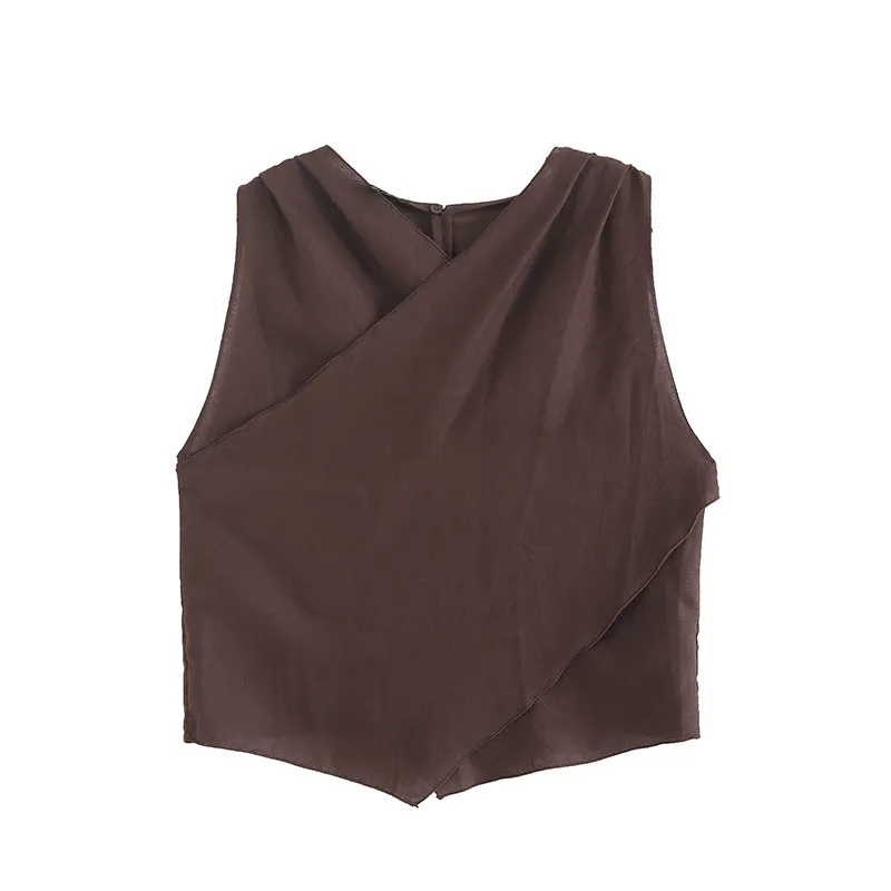 Znbbw French Cross-Comfortable Ramie Sleeveless V-Collar Blouse In Summer